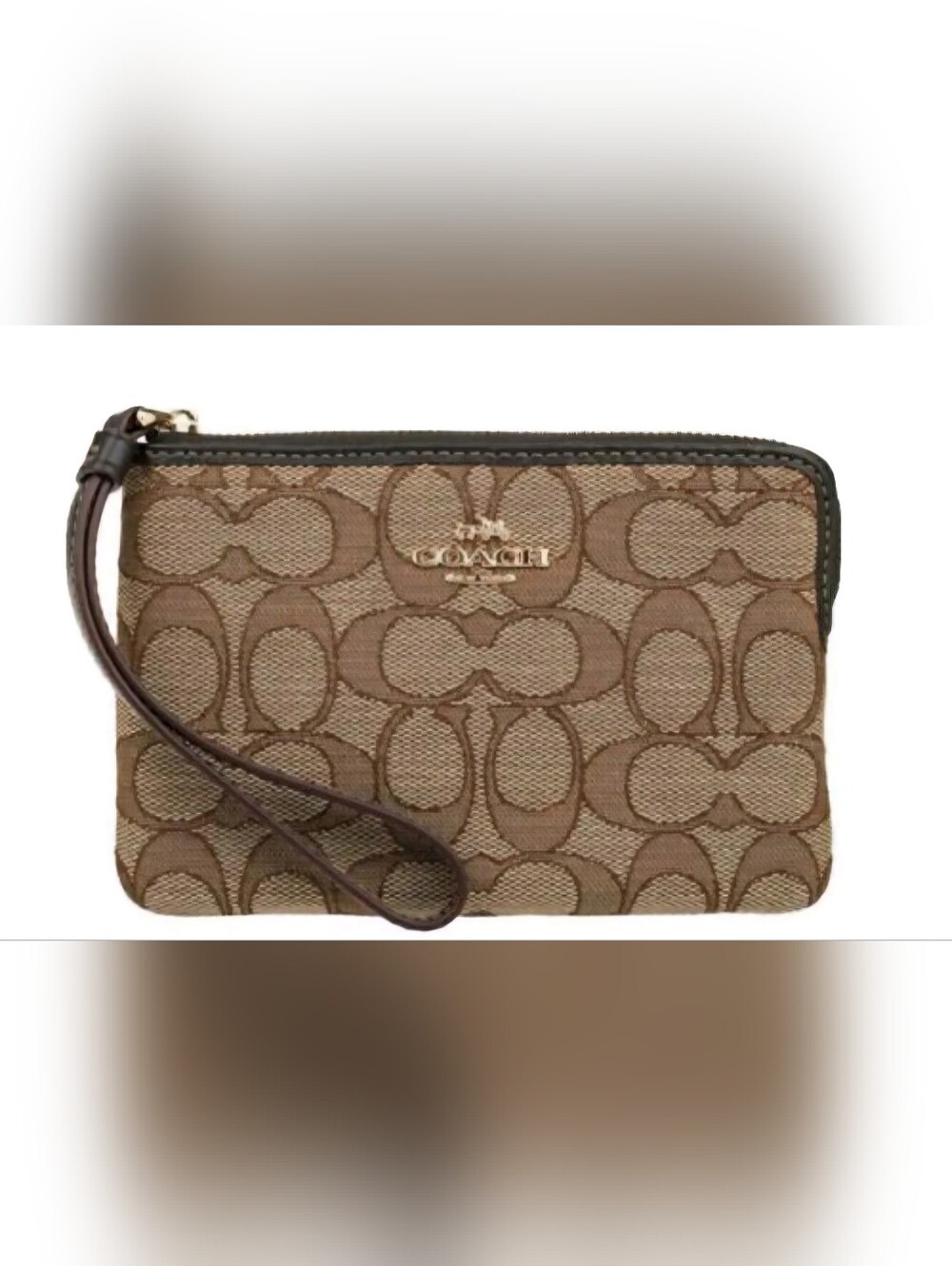 *NEW* Coach Corner Zip Wristlet In Signature Canvas Brown/Khaki F58033